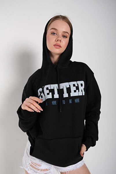 donamod Negru pentru femei Better cu imprimeu supradimensionat Swea tricou TS...