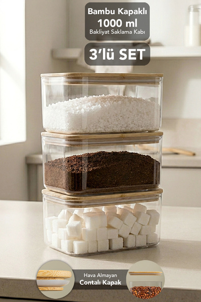 Meleni Home 3-Piece Bamboo Lid Aura Rectangular Storage Container - Vacuum Li...