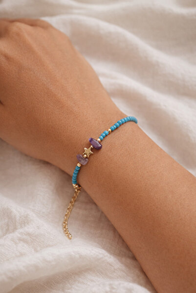 Karma Purple Stone Detailled Turquoise Bead Women's Bracelet