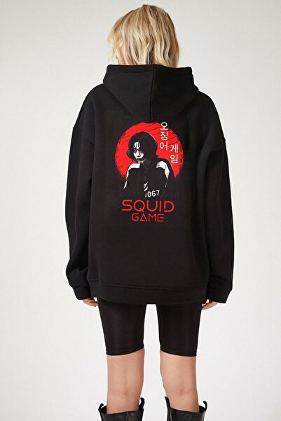 donamod Unisex Black Squid Game cu imprimeu cu glugă supradimensionat Swea tr...