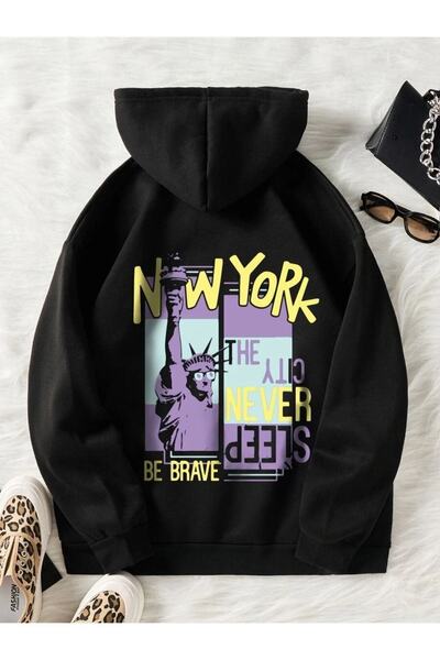 donamod Unisex Negru Be Brave cu imprimeu supradimensionat cu glugă Swea tric...