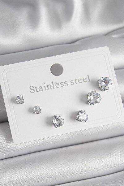 Inure Jewelry 316L Steel Silver Color Zircon Stone Heart Model Women's Earrin...