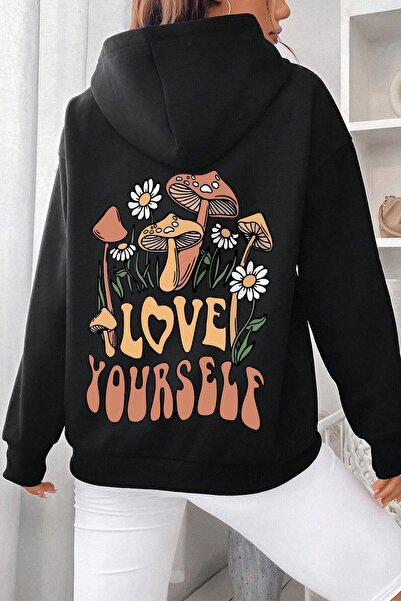 donamod Unisex Oversize Love Yourself Φούτερ με στάμπα KP-BLACK-HORK