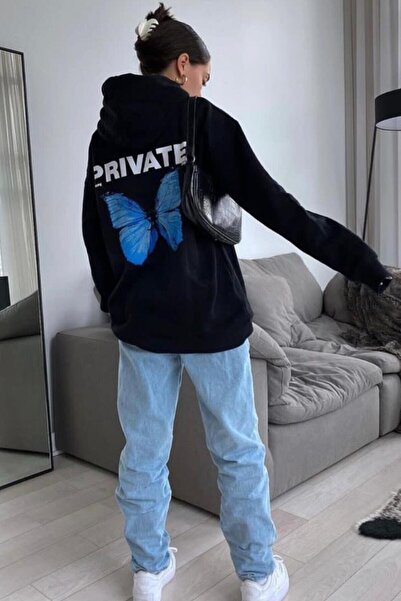 donamod Hanorac negru cu glugă supradimensionat cu imprimeu pe spate privat p...