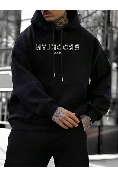 donamod Hanorac negru pentru bărbați Reverse Brooklyn cu imprimeu cu glugă Sw...