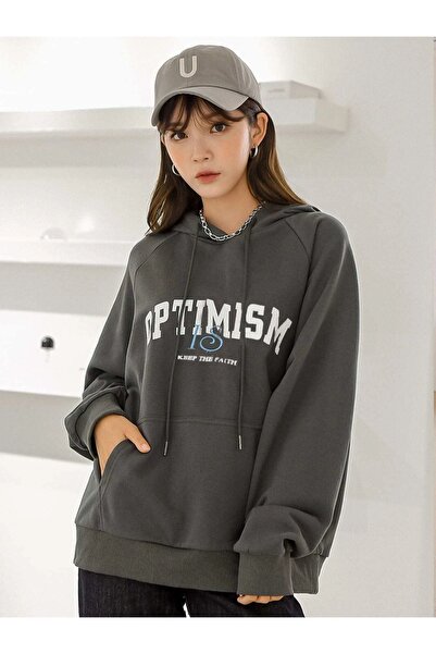 donamod Optimism gri închis pentru femei cu imprimeu supradimensionat cu glug...