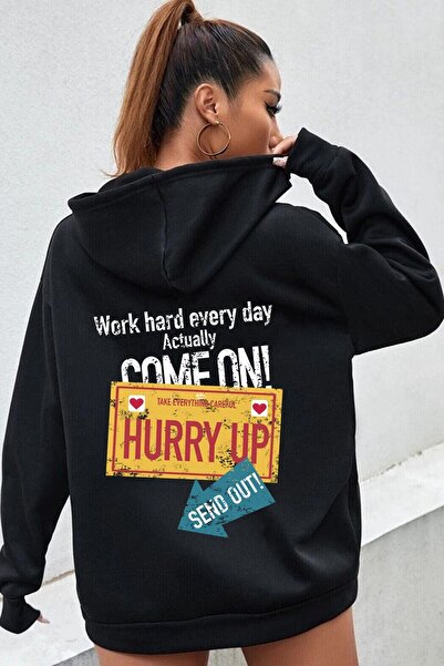 donamod Unisex Oversize Hurry Up Printed Sweatshirt KP-BLACK-Hurryup(back)