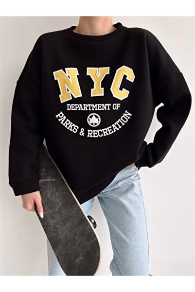 donamod Crna ženska majica NYC Department Štampano Oversize kroj okrugla krag...