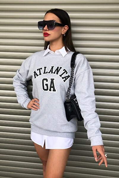 donamod Gray Women's Atlanta Printed Crew Neck Oversize Sweatshirt ATLANTA