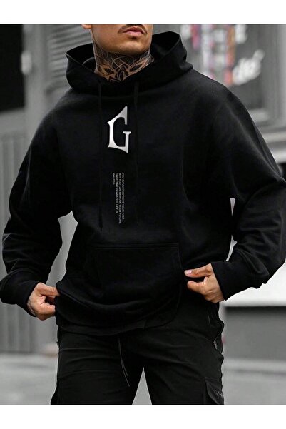 donamod Hanorac cu glugă cu imprimeu vertical G negru pentru bărbați