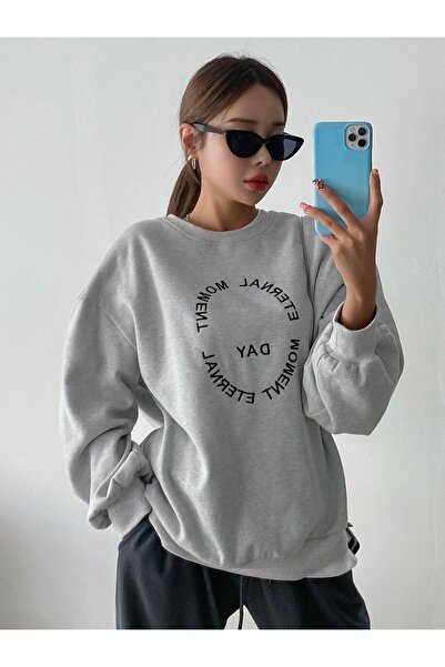 donamod Γυναικείο φούτερ γκρι Day Crew Neck με τύπωμα oversized Benisengiydir...