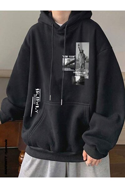 donamod Мъжка черна блуза с качулка и бавен печат slowlysweatshirt