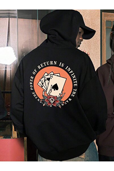 donamod Hanorac cu șnur cu umeri căzut și grafică cu slogan și cărți de joc d...