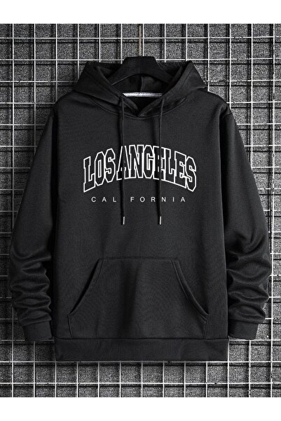 donamod Hanorac oversize cu glugă, unisex, negru, imprimat Los Angeles LOSANG...