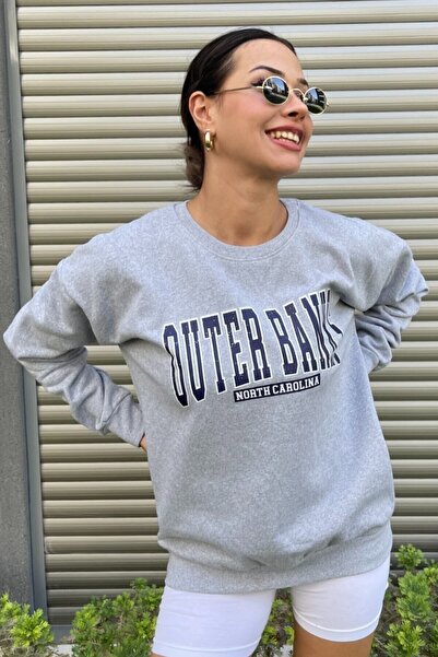 donamod Hanorac supradimensionat cu imprimeu Outer Banks, gri, cu decolteu, p...