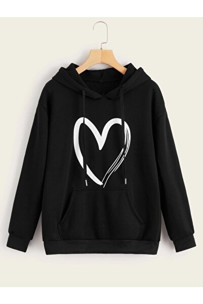 donamod Know Unisex Черна суитшърт с качулка и сърце TW-KLPBSWT