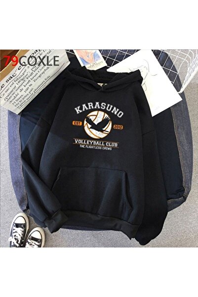 donamod Bărbați negri Karasuno cu imprimeu supradimensionat cu glugă Swea tri...