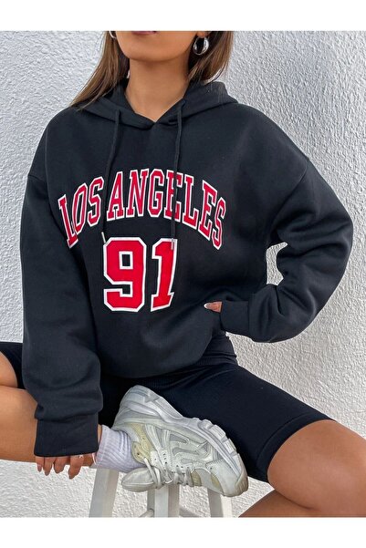 donamod Hanorac negru pentru femei Los Angeles 91 cu imprimeu supradimensiona...