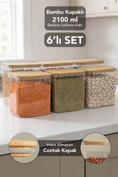 Meleni Home 6-Piece Bamboo Lid Aura Rectangular Storage Container - Airtight ...