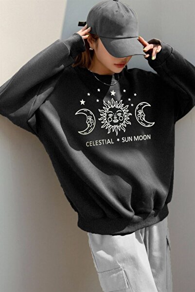 donamod Дамска антрацитна блуза с принт „Celestial“, 3 нишки, изгладена, с ши...