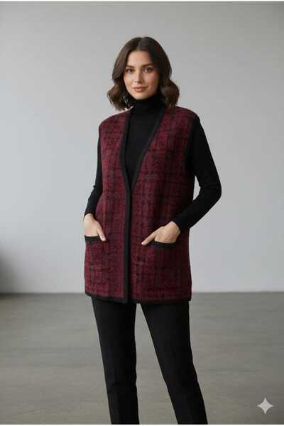 Uludağ Triko Women's Black Burgundy Feather Plaid Pattern Pocketed Knitwear Vest