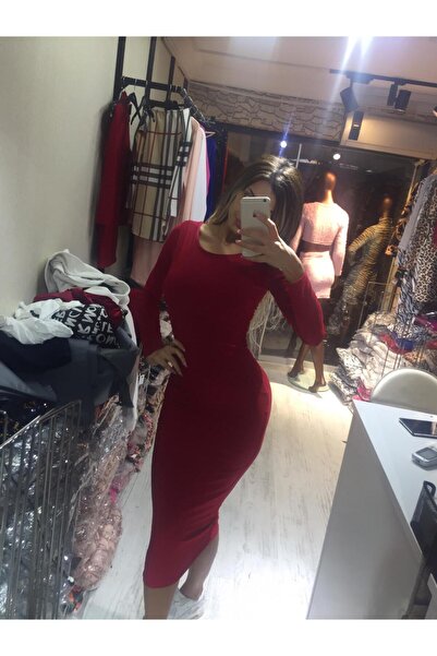 pink life Μακρύ κόκκινο μάξι φόρεμα από ύφασμα Sandy Kumaş