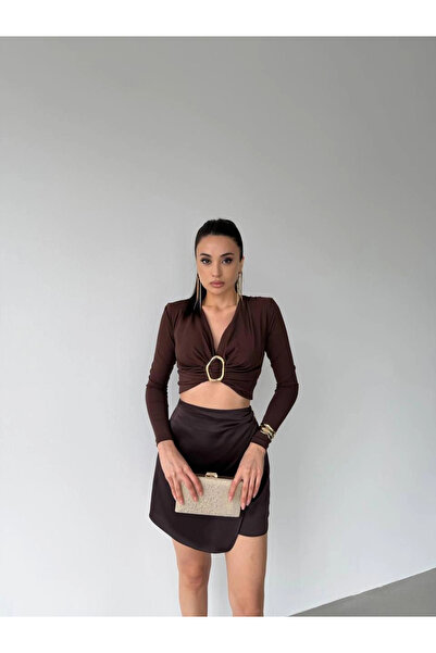 MetuCA Women's Brown V-Neck Long Sleeve Double Layer Sandy Crop Blouse with R...