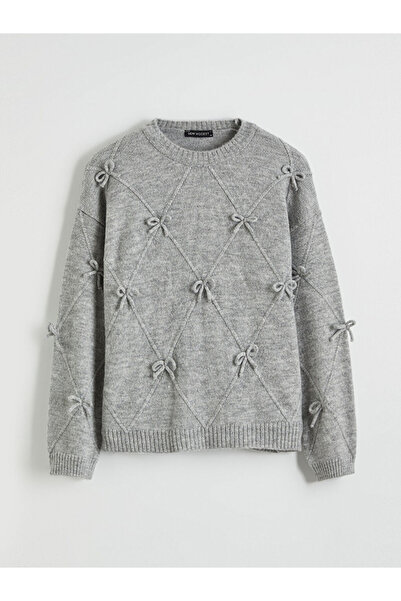 LC Waikiki Gray Crew Neck Bowknot Women's Knitwear Sweater