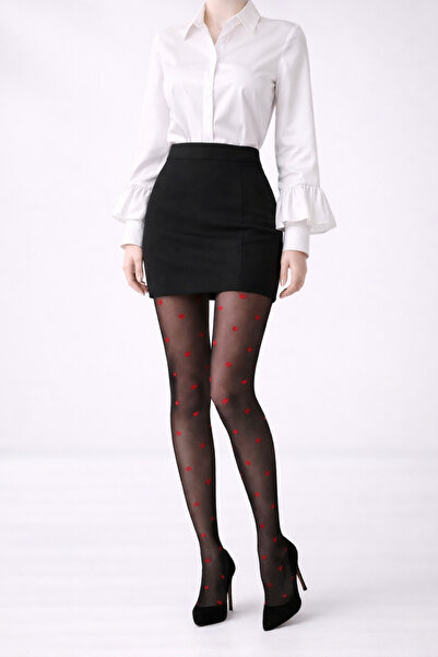 PJ & Me 20 Den Mat Siyah Mini Kırmızı Kalp Desenli Kadın Külotlu Çorap