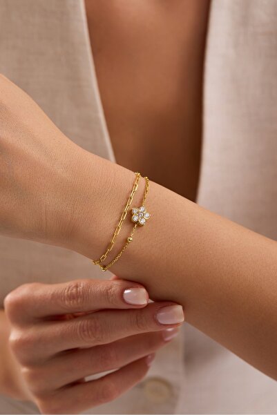 Nereze 925 Ayar Gümüş Gold Kaplama Çift Zincirli Çiçek Model Bileklik