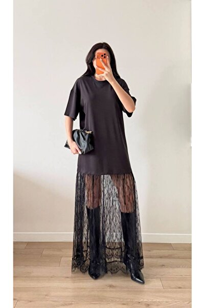 LOCH BUTİK Women's Black Oversized Lace Maxi Dress