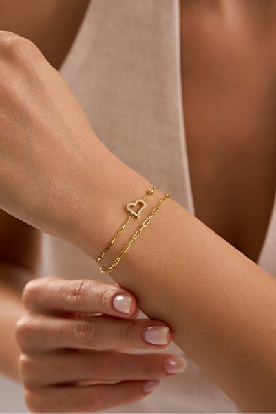 Nereze 925 Ayar Gümüş Gold Kaplama Çift Zincirli Zirkon Taşlı Kalp Model Bile...