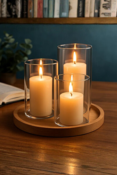 moontime alaçatı Şık 3'lü Cam Vazo ve Mumluk Seti, Modern Dekoratif Tasarım