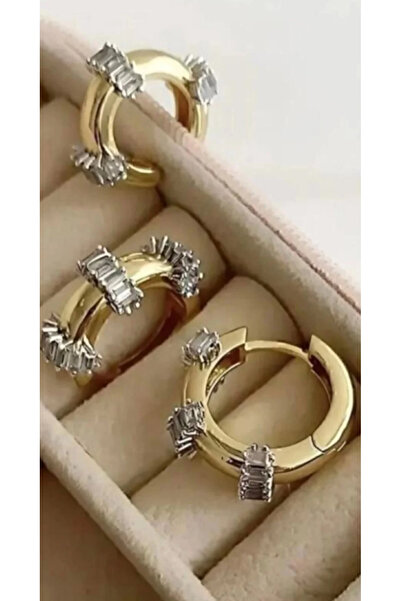 Ervalina Çelik gold Mers baget taşlı halka küpe