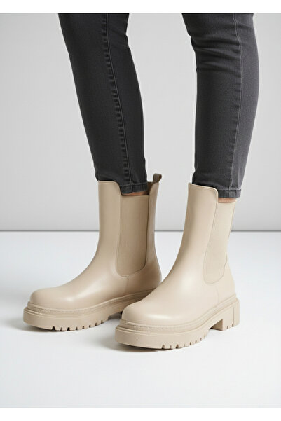 Krowaz Armour Kadın Bej Chelsea Yandan Lastikli Bot
