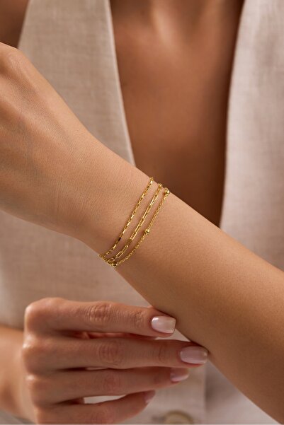 Nereze 925 Ayar Gümüş Gold Kaplama 3 Sıra Zincirli Zarif Model Bileklik