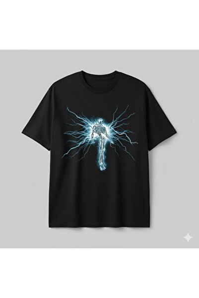 CLASSY.MODA Tricou oversize unisex cu imprimeu Electric Current Skeleton