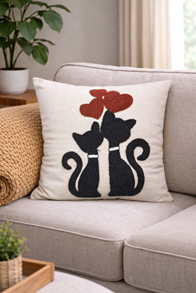 metin tekstil 2’li Punch İşleme Dekoratif 43x43 Kırlent Kılıfı
