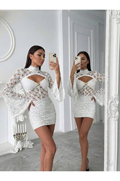 Karteks İspanyol Kol Taşlı Beyaz Elbise