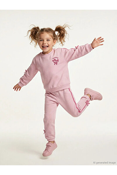 LC Waikiki LCW Παιδικό ροζ φιόγκο, χοντρό φούτερ και παντελόνι για κορίτσια