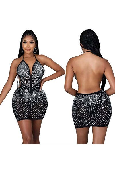 pink life Μαύρο Μίνι Φόρεμα με Τιράντες στην Πλάτη και Πλήρως Διακοσμημένο με...