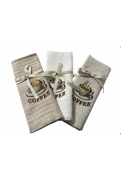 EvimSoft 3'lü Mutfak Havlusu-40X60 CM Nakışlı Kurulama Bezi-Coffee