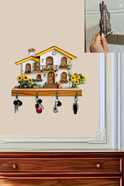 kutuTR Ayçiçekli Sarı Çatılı Ev Temalı Anahtarlık & Duvar Askılığı – Dekorati...