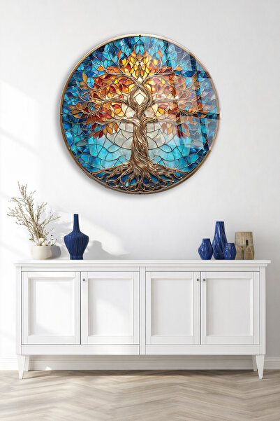 TAULART Stained Glass Style Tree of Life Blue Orange Tones Unbreakable Glass ...