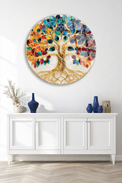 TAULART Colorful Leaf Golden Tree of Life Luxury Decor Unbreakable Glass Table