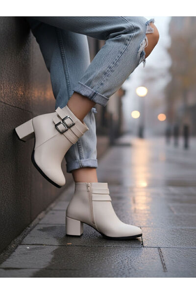 LC Waikiki Women's hermina double buckle beige leather ankle boots