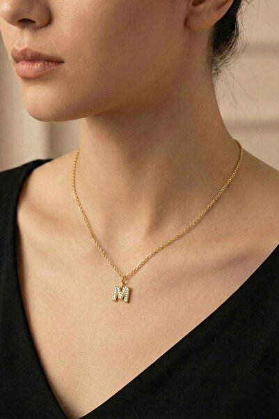 Pemila Design M Harfli Gold Renk Zincir Kolye - Kişiye Özel Baş Harf Kadın Ko...