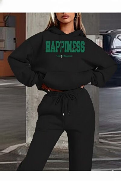 WOODROFFE Happıness Printed Hooded Alt Üst Oversized Women's Black Gray Track...