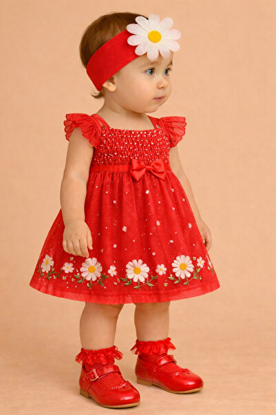 ÖZKARDEŞLER BABY Baby and Child Bandana Red with Daisies