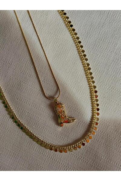 D&Z ACCESSORİES 2'li Gold Kolye Seti | Vintage Görünüm Çelik Takı Seti | Taşl...